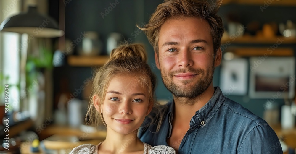 A man and woman posing for a photo in a kitchen. A man and woman posing for a photo in a kitchen.