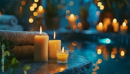 Group of candles on the marble table near swimming pool with blue water. photo