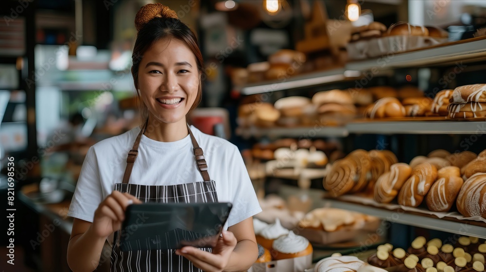 A smiling woman holding a tablet in front of baked goods.