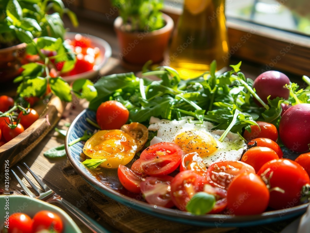 The photo shows a plate of salad with tomatoes, eggs and herbs on a white table. The photo shows a plate of salad with tomatoes, eggs and herbs on a white table.