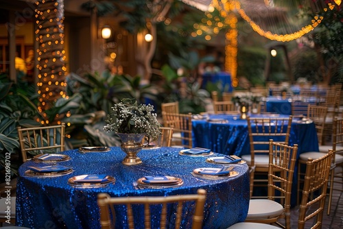 Elegant outdoor event setup with blue tablecloths, golden chairs, and warm ambient lighting surrounded by lush greenery and twinkling lights.