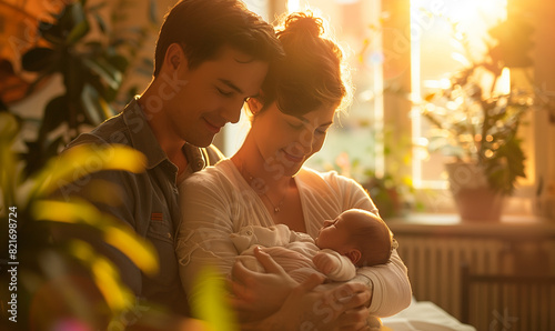 Couple holding newborn baby with warm love for each other,Generative AI