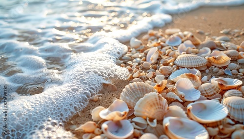 The photo shows a pile of seashells on the beach with soft wave on the background.