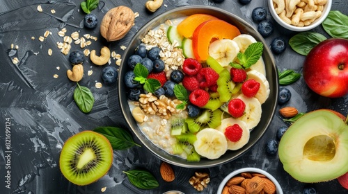 Top view of healthy breakfast bowl with fresh berries, fruits, nuts and seeds on dark background. Clean eating concept.