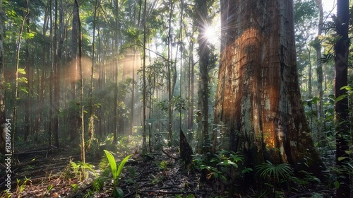  A sunbeam pierces the foliage of a lush, equatorial woodland, illuminating ferns beneath