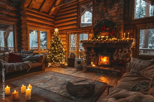 Cozy rustic wooden log cabin house interior  christmas decoration  candles  warm lights  merry christmas
