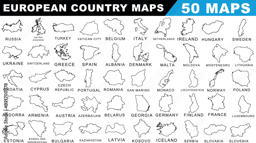 European country maps, 50 outlined shapes including Russia, Italy, more. Ideal for educational content, travel graphics. Clear, detailed borders