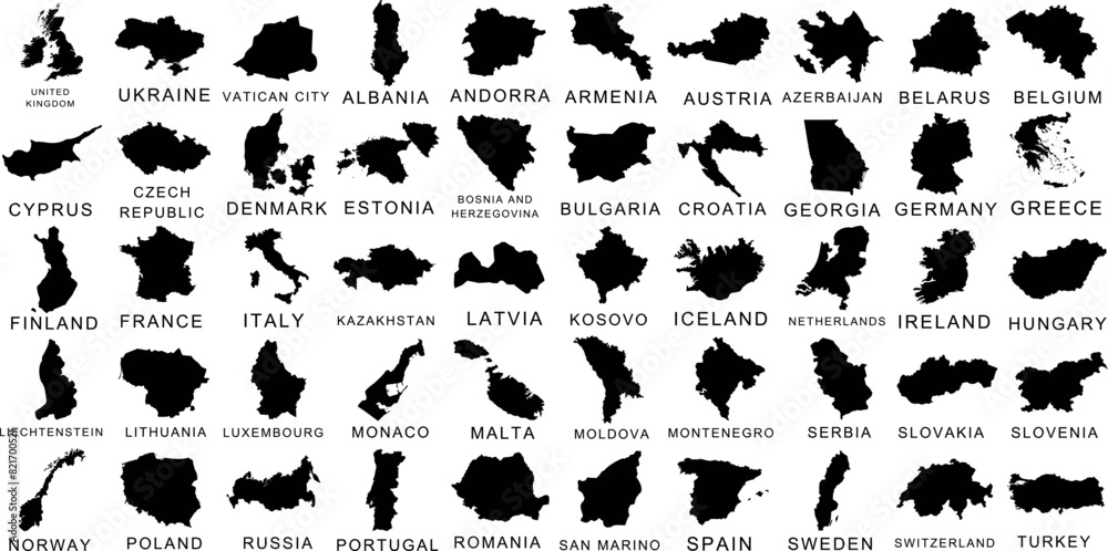 Europe country map silhouettes vector illustrations. Perfect for educational materials, design projects, travel guides, and infographics. detailed, versatile map vector