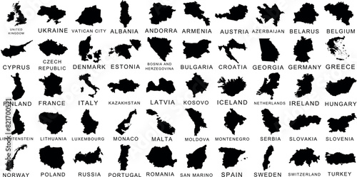 Europe country map silhouettes vector illustrations. Perfect for educational materials, design projects, travel guides, and infographics. detailed, versatile map vector