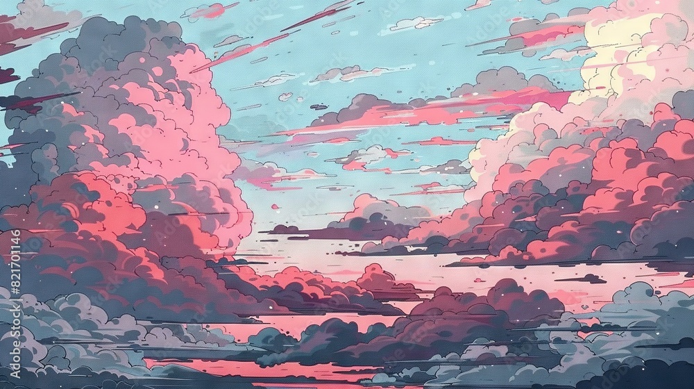  A canvas portraying rosy clouds above a waterbody with a backdrop of combined pink and blue skies