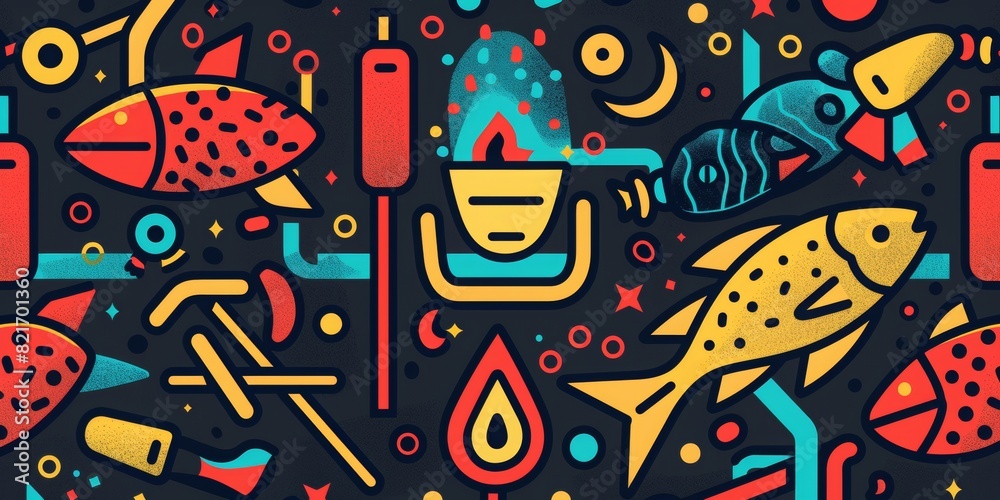 Naklejka premium illustrated geometric pattern of a campfire with chilis and fish