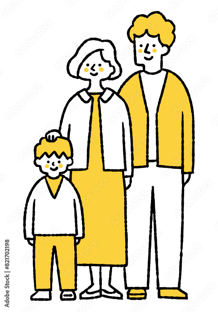 Family of three, mother and father with hand on son's head