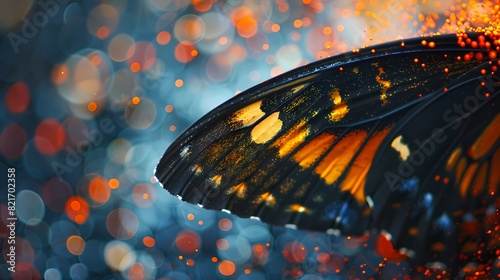 A close-up of a butterfly's wing, with a background of abstract particles of pollen and dust