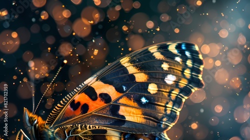 A close-up of a butterfly's wing, with a background of abstract particles of pollen and dust