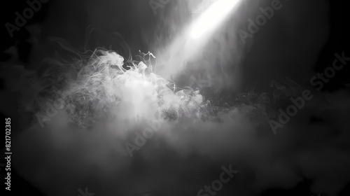 A cloud of smoke swirling in a dark room, with a single beam of light illuminating the particles