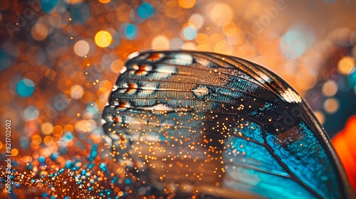 A close-up of a butterfly's wing, with a background of abstract particles of pollen and dust