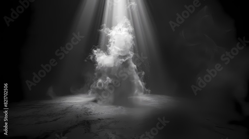 A cloud of smoke swirling in a dark room, with a single beam of light illuminating the particles