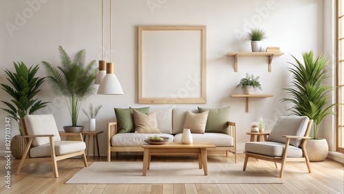 Scandinavian Living Room Frame Mockup – Pine Wood Frame: A Scandinavian-style living room with a pine wood frame on a white wall, suitable for natural and minimalist decor.  © No