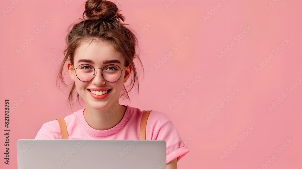 Smiling Young Professional Woman Working on Laptop in Bright Pink Setting Smiling Young Professional Woman Working on Laptop in Bright Pink Setting