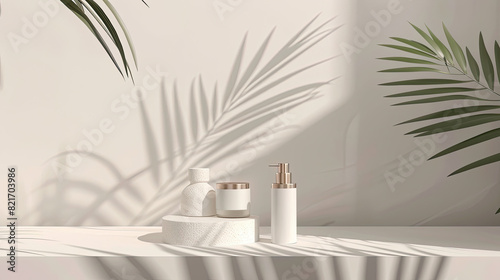 3d rendering of white podium with cosmetic product mockup and palm leaf shadow on wall background. Created with Ai