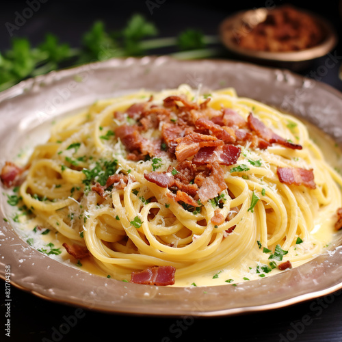 Cooked spaghetti carbonara in plate