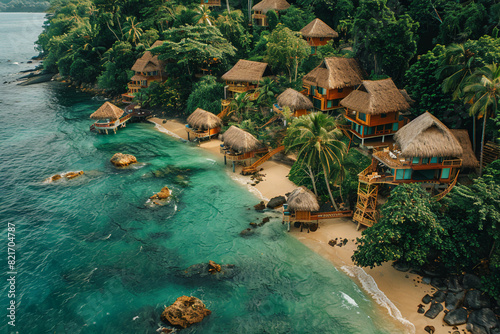 A drone view of a tropical coastal haven with lush palm trees and thatched-roof bungalows. The town is nestled in a secluded cove, with turquoise waters lapping against golden sandy beaches photo
