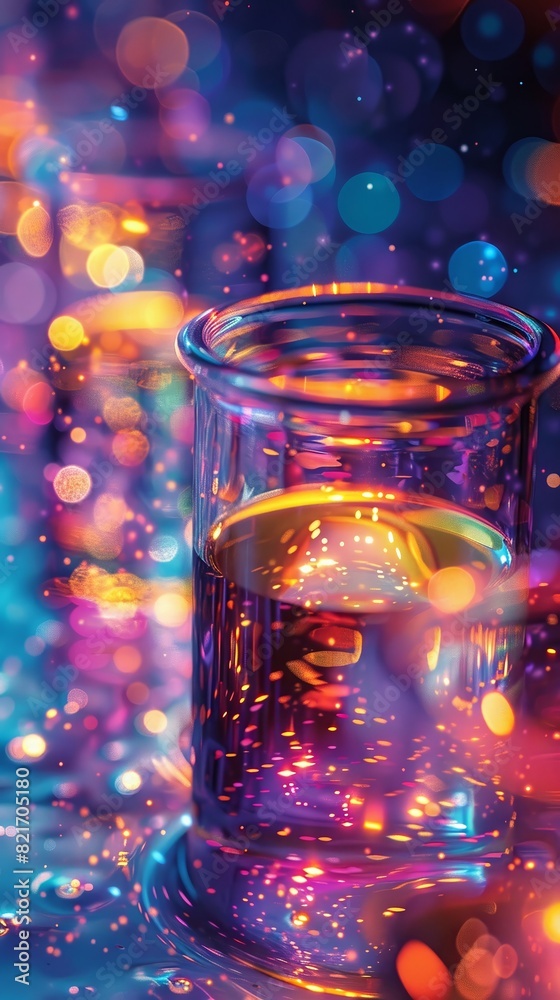 Capture the essence of emotional transformation in a close-up image of bottles filled with luminescent liquids Showcase the dynamic interplay of colors and patterns as they mirror 