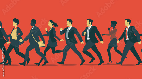 Businesspeople Marching in Unison like Clockwork Toys, Controlled by Big Boss Hand Directing Corporate Hierarchy photo