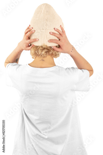 Woman wearing white t-shirt on white background, closeup, mockup for design