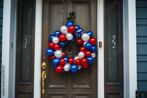 Photo of a balloon wreath in patriotic colors adorning a front door. 4th of July, american independence day, memorial day concept