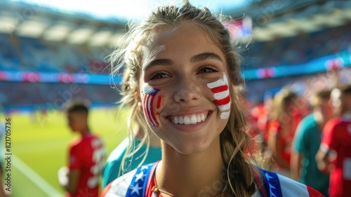 American fans with their faces painted in the colors and design pattern of an American flag at a presentation