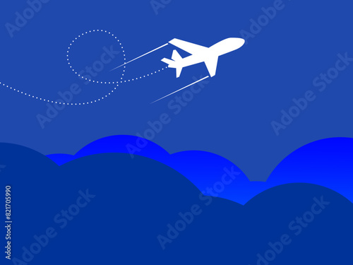 Travel concept illustration in vector. The plane flies and leaves a trail line. Summer vacation background.