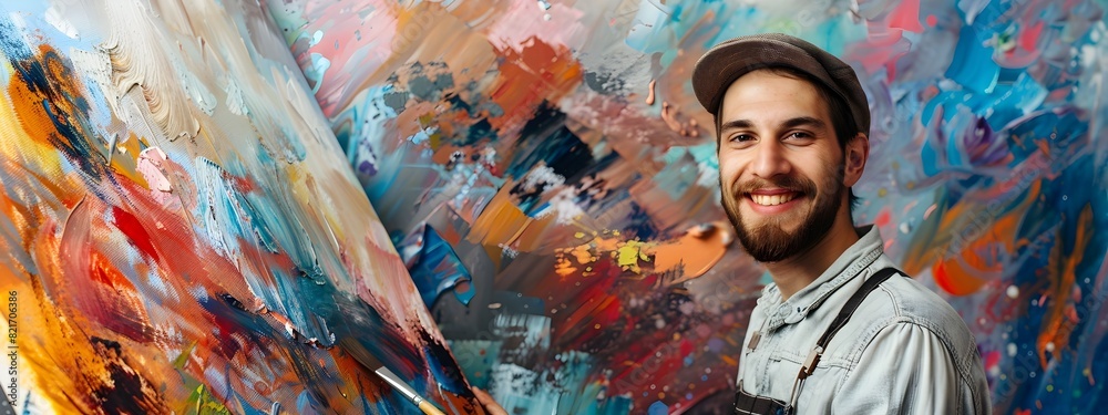 Talented Young Painting on Vibrant Color Background Talented Young Painting on Vibrant Color Background