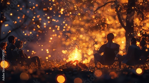 A cozy scene of a bonfire with friends, and a defocused backdrop of softly glowing particles -