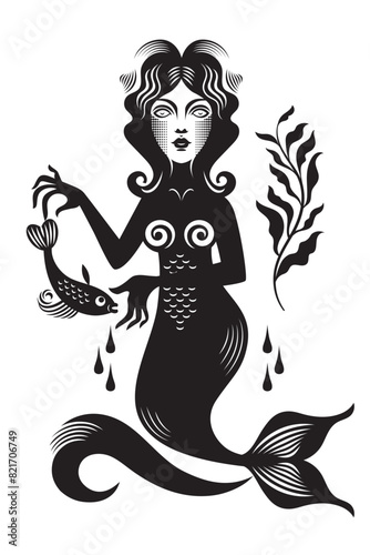Mermaid with small fish, black and white graphic illustration, nymph