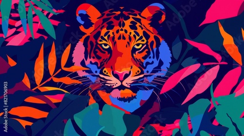 Illustration portrait of a tiger in trendy colorful psychedelic surreal colors