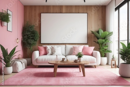 warm and cozy living room interior  Pure White sofa  wooden partition wall  Bubblegum Pink rug