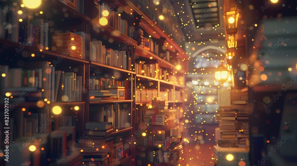 A cozy scene of a bookstore, with a defocused backdrop of softly glowing particles A cozy scene of a bookstore, with a defocused backdrop of softly glowing particles
