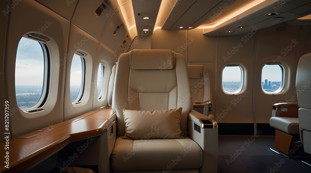 Luxurious first class airplane seat with lots of window.generative.ai