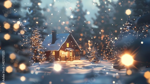 A cozy scene of a cabin in the snowy forest, with a defocused backdrop of softly glowing particles -