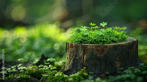 Regrowth of vibrant green plants on a moss-covered tree stump in a serene forest scene symbolizing renewal and nature's resilience in a generative ai artwork