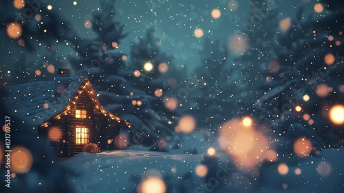 A cozy scene of a cabin in the snow, with a defocused backdrop of softly glowing particles