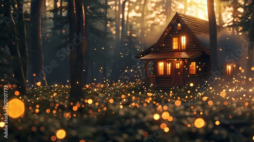 A cozy scene of a cabin in the woods, with a defocused backdrop of softly glowing particles