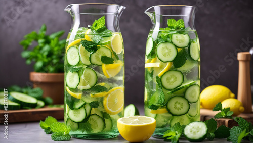 Two glass pitchers of water with cucumber slices and lemon wedges.