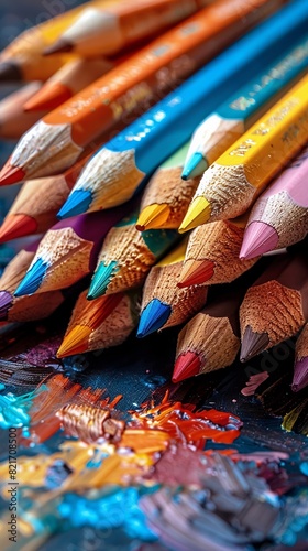 Bring your sketches to life with a twist! Show a side view of colorful pencils materializing drawings from a drawer Imagine the magic of creativity flowing from mind to paper photo