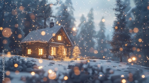 A cozy scene of a cozy cabin in winter, with a defocused backdrop of softly glowing particles