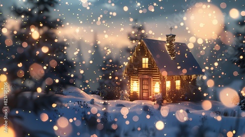 A cozy scene of a cozy cabin in winter, with a defocused backdrop of softly glowing particles
