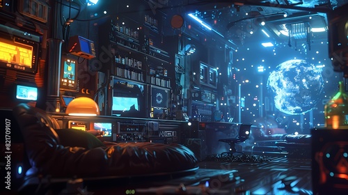 A cozy scene of a cozy corner in a futuristic spaceship, with a defocused backdrop of gently glowing particles