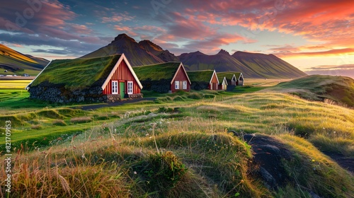 Experience a breathtaking summer sunrise in a charming village surrounded by traditional turf-roofed homes in the Icelandic countryside. Explore the globe. photo