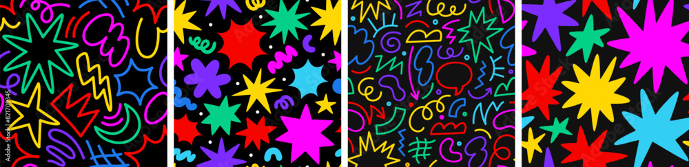 Abstract colorful geometric shape seamless pattern set with colorful star doodles. Flat cartoon background collection, simple random shapes in bright party colors. Abstract colorful geometric shape seamless pattern set with colorful star doodles. Flat cartoon background collection, simple random shapes in bright party colors.